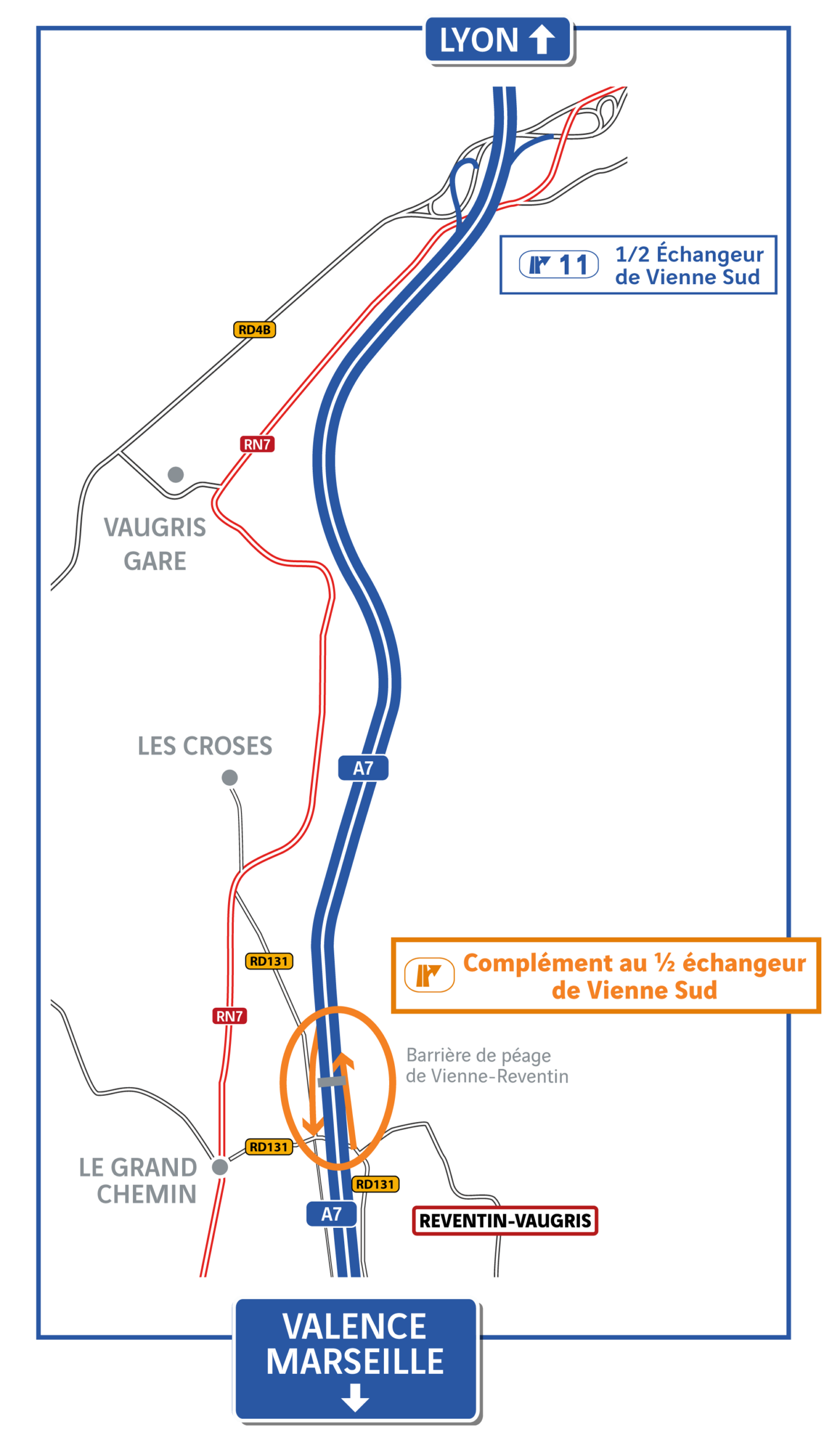 Plan de situation du demi-échangeur de Vienne Sud à créer au niveau de la barrière de péage de Vienne-Reventin
