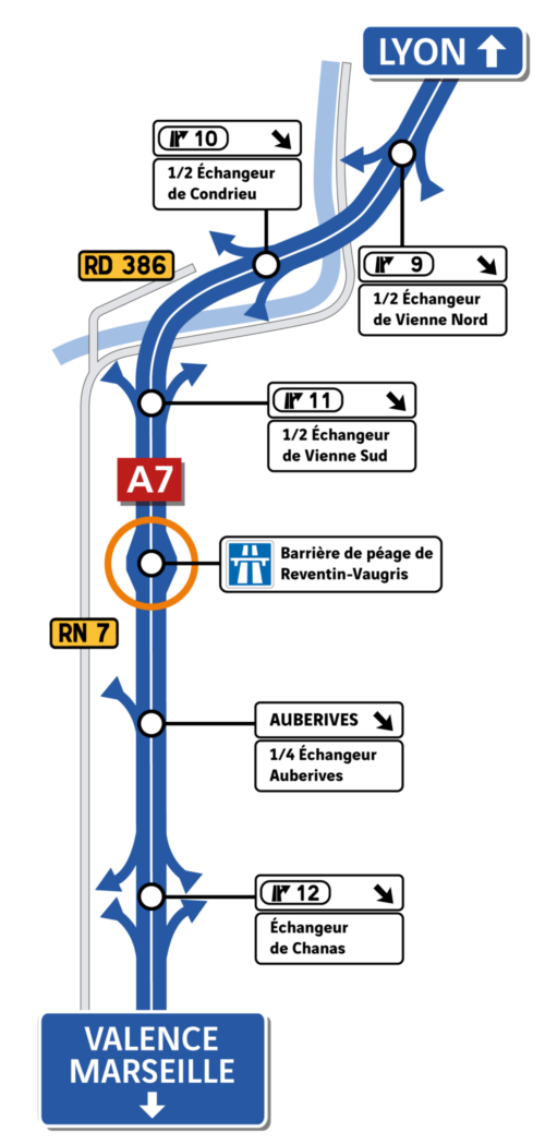 Synoptique avant la création du demi-échangeur de Vienne Sud et plan des échangeurs existants sur l'A7 dans le secteur de Vienne Condrieu