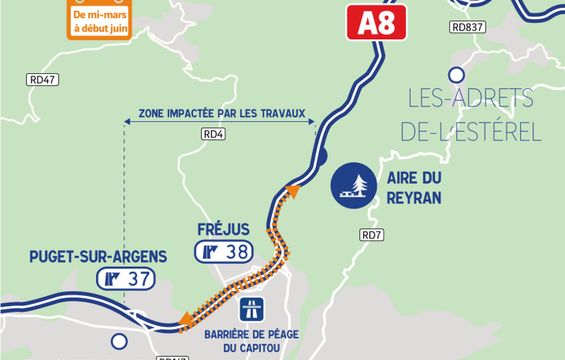 A8_Escota_chaussées entre Vidauban et Les Adrets carte Puget-sur-Argens-Fréjus