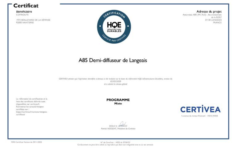 Demi-diffuseur de Langeais Nord : certificat HQE phase programme