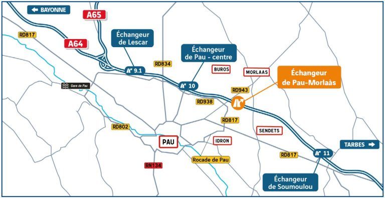 A64-carte des travaux échangeur Pau-Morlaas