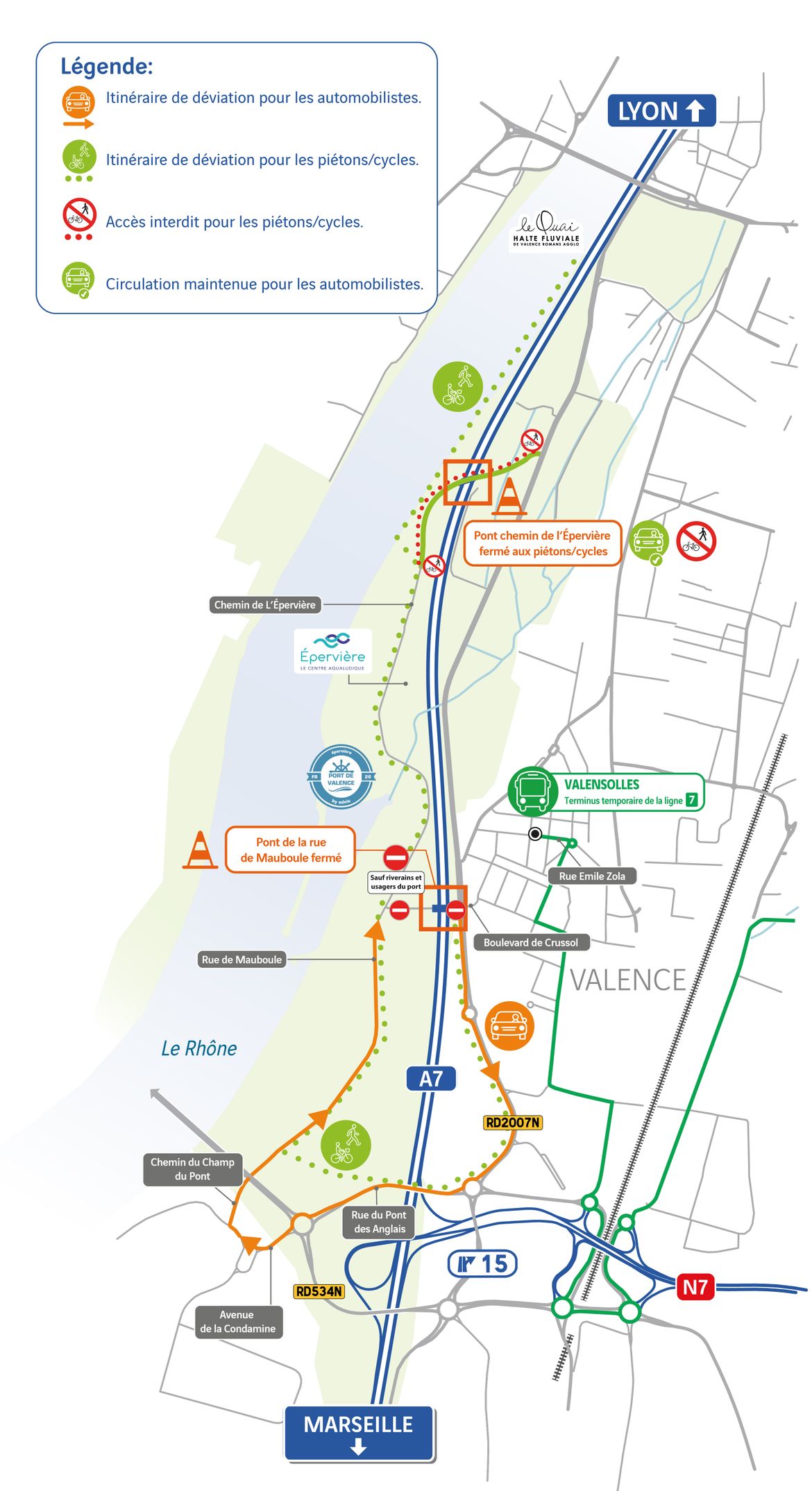 Plan de déviation des travaux de l'A7 à Valence