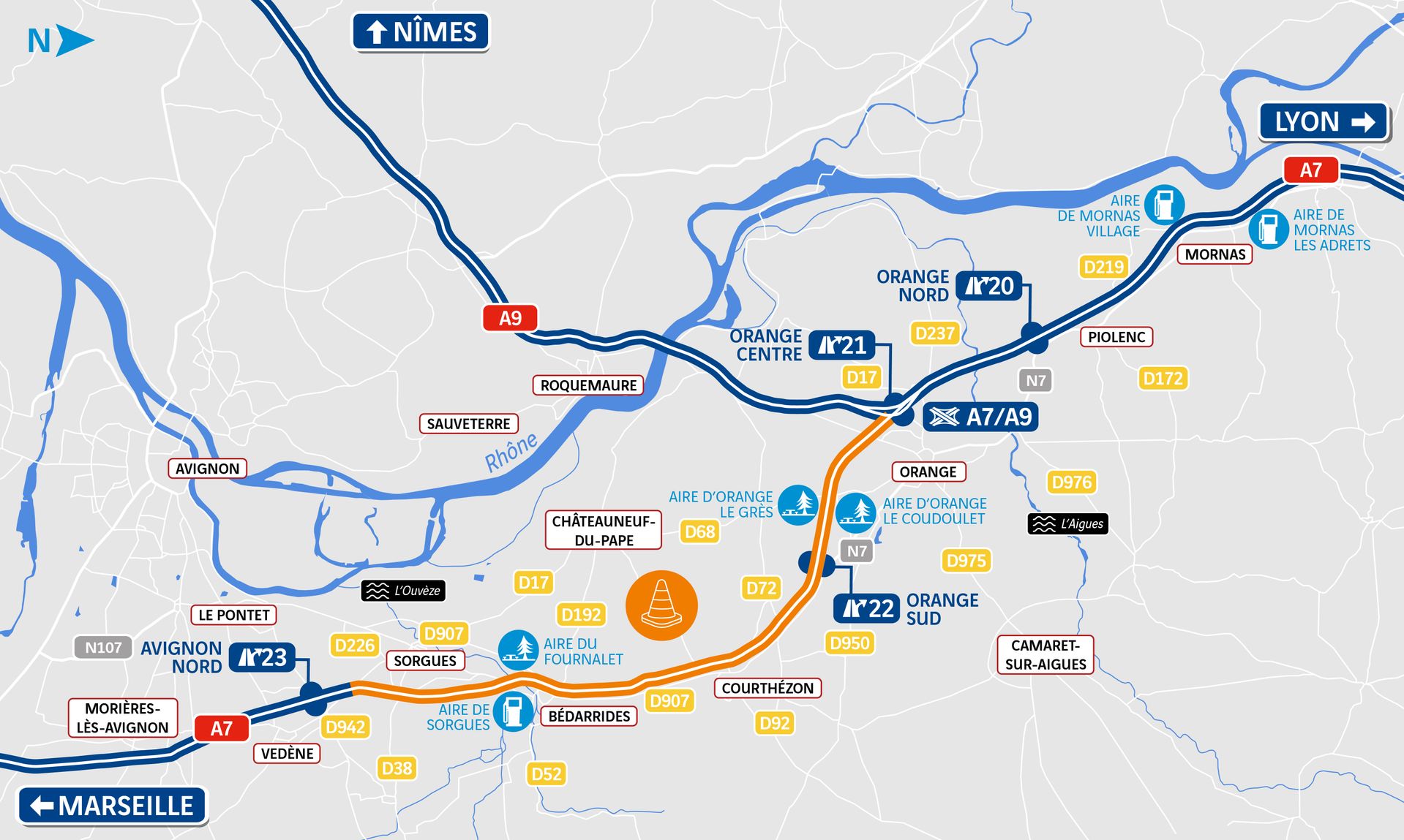 DOIE - A7 - carte travaux entre Orange et Avignon Nord