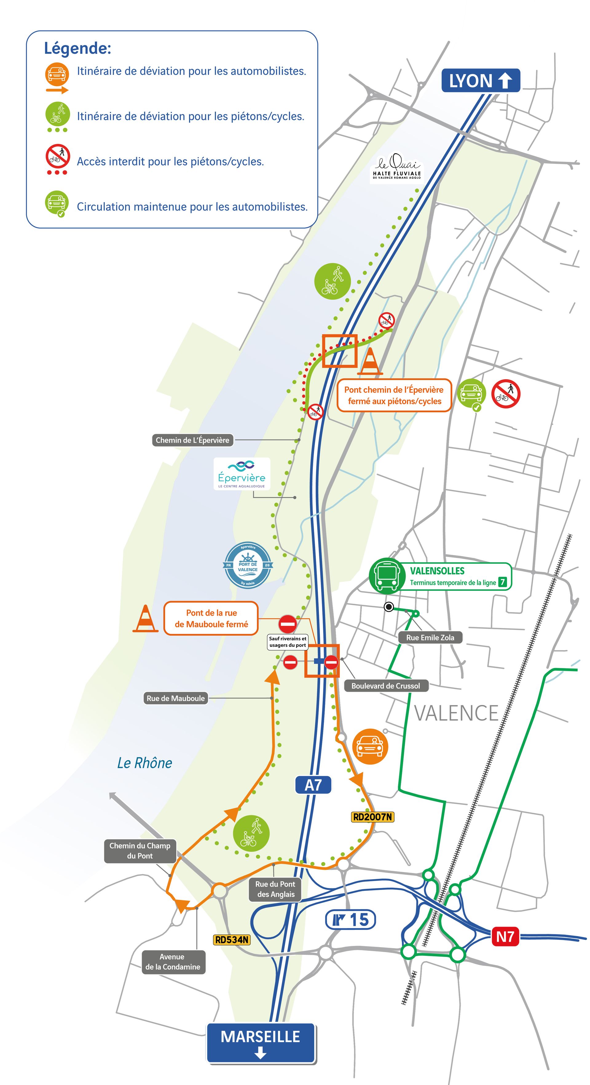 Plan de déviation des travaux de l'A7 à Valence