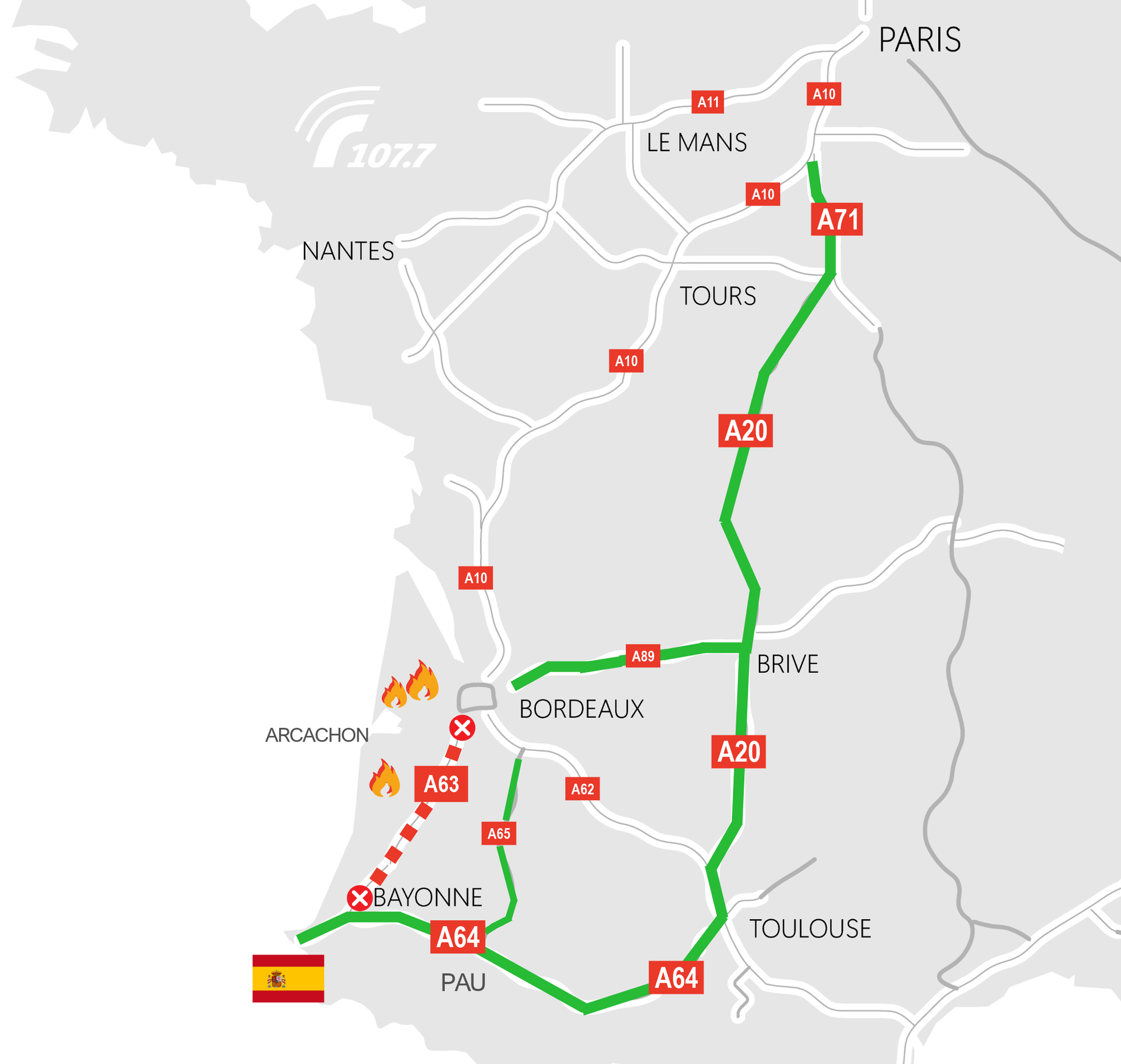 carte déviations fermeture A63 Bayonne-Bordeaux