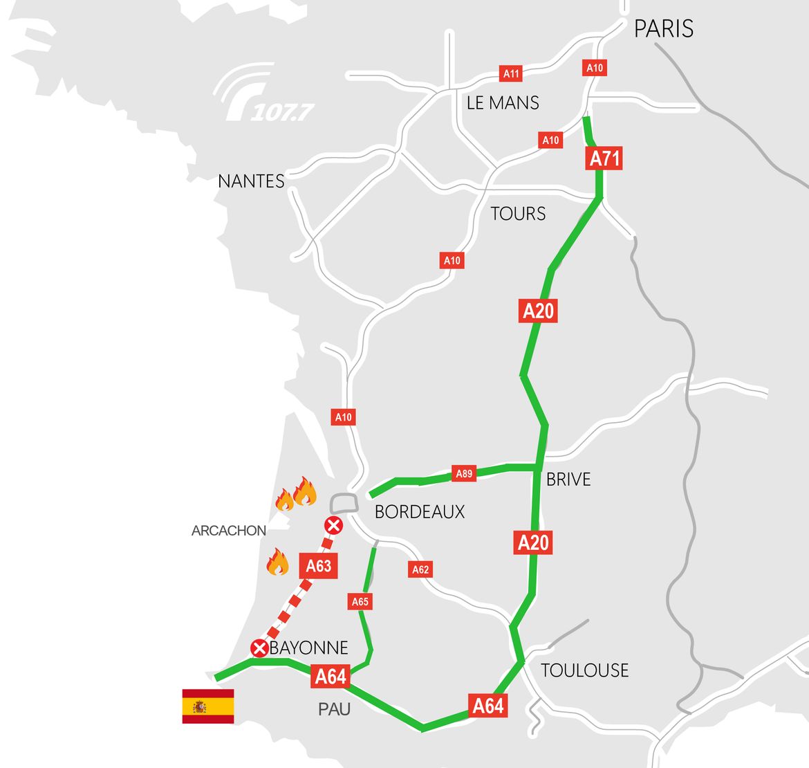 carte déviations fermeture A63 Bayonne-Bordeaux