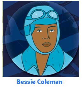 Portrait illustré de Bessie Coleman, pionnière de l’aviation afro-américaine, avec lunettes d’aviateur et fond comportant des avions stylisés. Son nom est inscrit en bas.