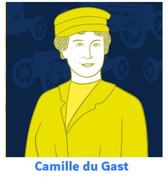 Portrait illustré de Camille du Gast, pionnière de l’automobile, en tenue jaune et chapeau assorti. Fond bleu avec voitures vintage stylisées. Son nom apparaît en bas de l’image.
