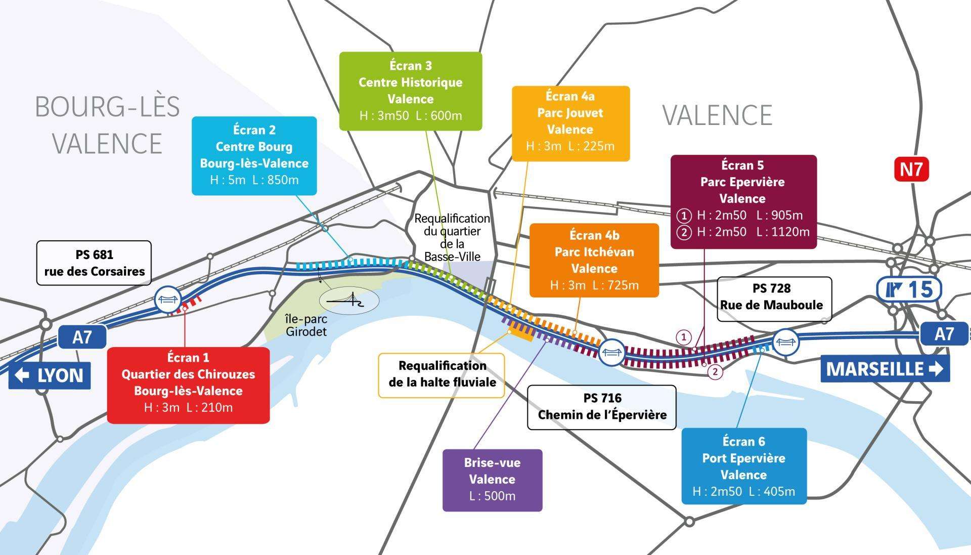 Plan des aménagements de l'A7 autour de la traversée de Valence
